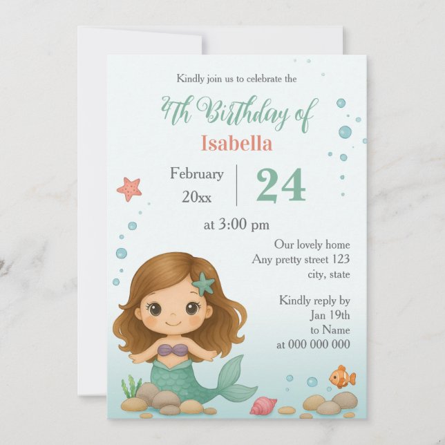 Invitación Simple cute little mermaid kids birthday (Anverso)