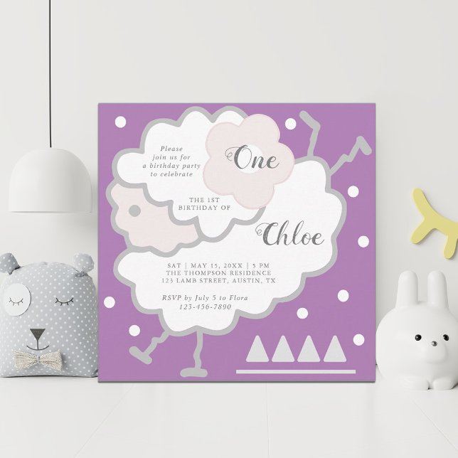 Invitación Simple Cute Salto Cordero Lavanda Primer Cumpleaño (Subido por el creador)