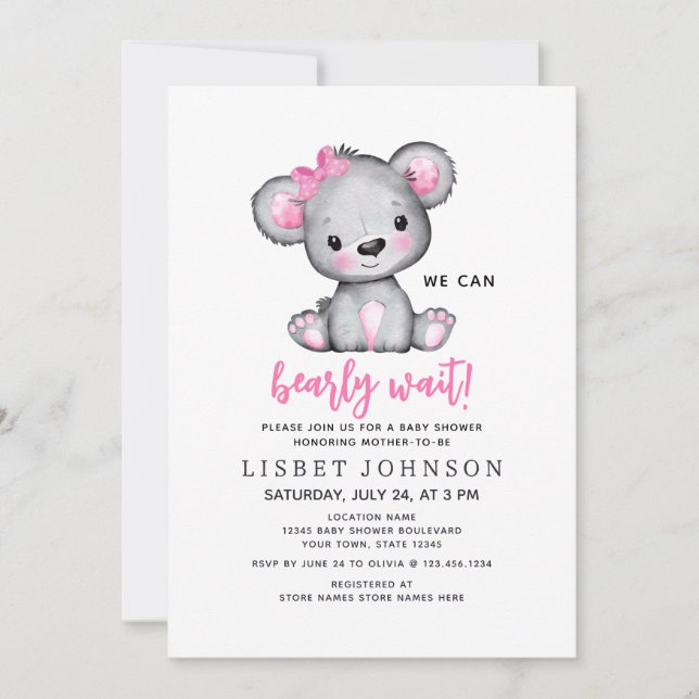 Invitación Simple Cute We Can Bearly Wait Pink Baby Shower (Anverso)