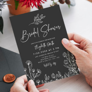 Invitación Simple Dark Black Wildflowers Bridal Shower