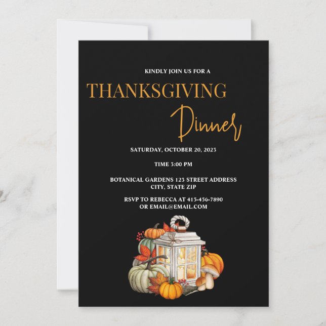 Invitación simple de Acción de Gracias en negro (Anverso)