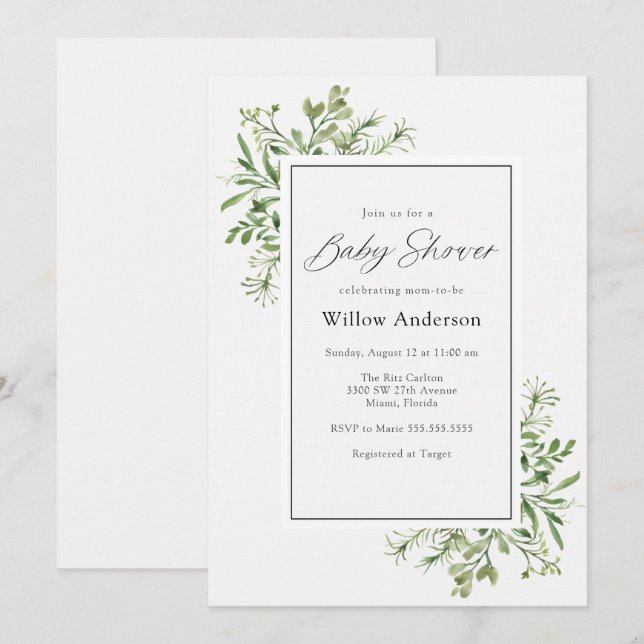 Invitación simple de Baby Shower a la energía verd (Anverso / Reverso)