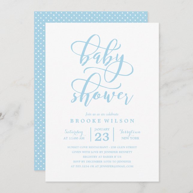 Invitación simple de Baby Shower azul (Anverso / Reverso)