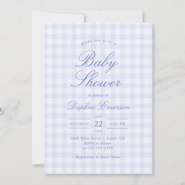 Invitación Simple de Baby Shower con Cuadros Azule (Anverso)