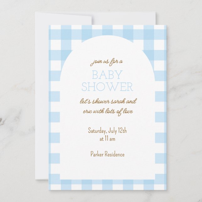 Invitación simple de Baby Shower de Gingham azul (Anverso)