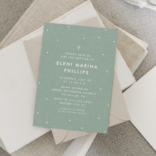 Invitación simple de bautizo verde con puntos blan