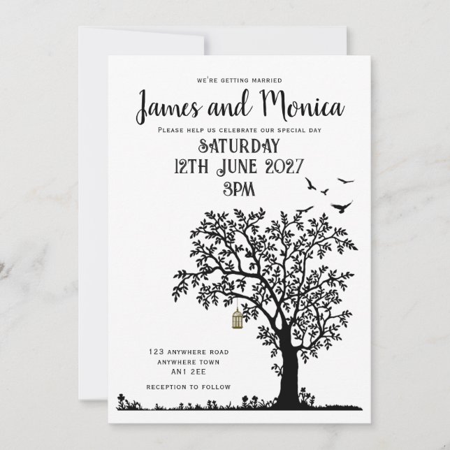 Invitación simple de Boda blanco y negro de árbol/ (Anverso)