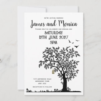 Invitación simple de Boda blanco y negro de árbol/