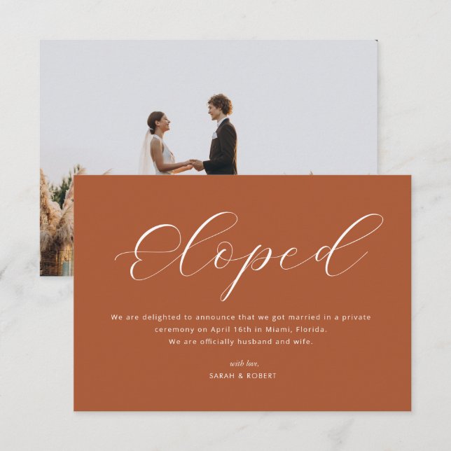 Invitación simple de boda de terracota elopada (Anverso / Reverso)