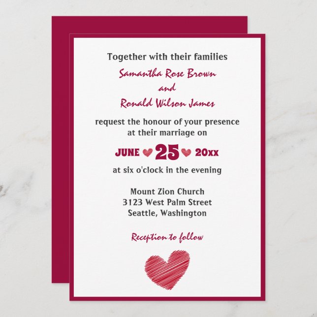 Invitación simple de bodas en el corazón rojo (Anverso / Reverso)