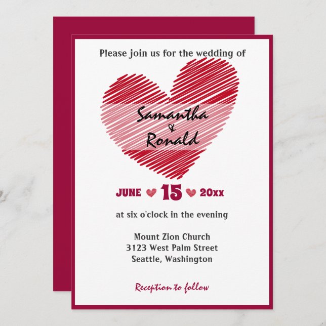 Invitación simple de bodas en el corazón rojo (Anverso / Reverso)