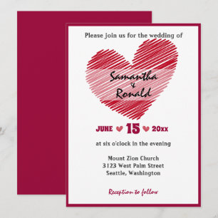 Invitación simple de bodas en el corazón rojo