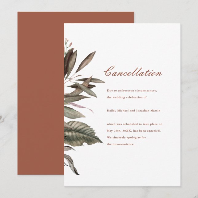 Invitación simple de cancelación de Boda botánico (Anverso / Reverso)