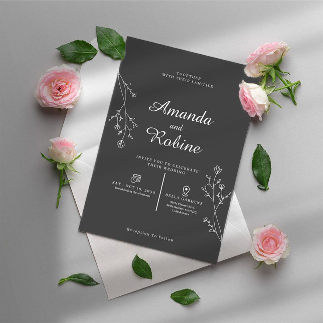 Invitación simple de casamiento de hojas blancas y (Subido por el creador)