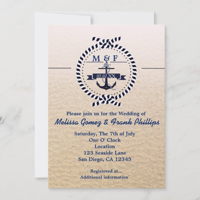 Invitación simple de casamiento en playa de arena  (Anverso)