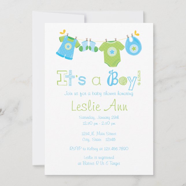 Invitación simple de Clothesline Boy Baby Shower (Anverso)
