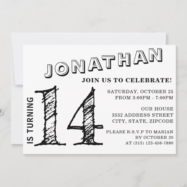 Invitación simple de cumpleaños en blanco y negro  (Anverso)