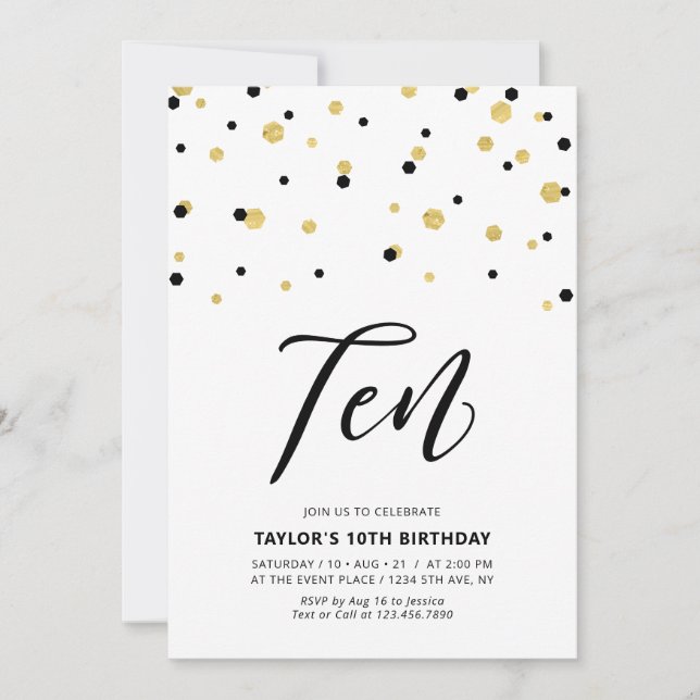 Invitación simple de cumpleaños número 10 Black &  (Anverso)