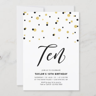 Invitación simple de cumpleaños número 10 Black & 