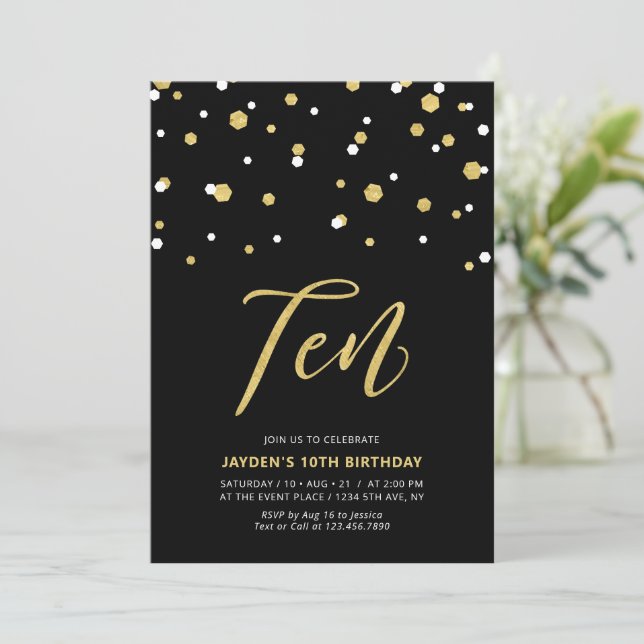 Invitación simple de cumpleaños número 10 Black &  (Anverso de pie)