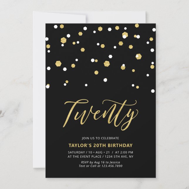 Invitación simple de cumpleaños número 20 negro y  (Anverso)