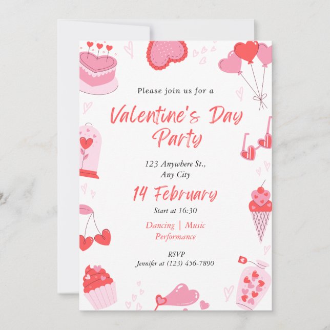 Invitación simple de Día de San Valentín rosa y ro (Anverso)