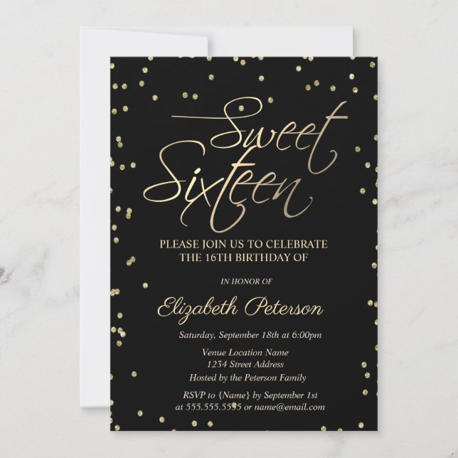 Invitación Simple de Diamantes de Oro a Sweet 16 N (Anverso)