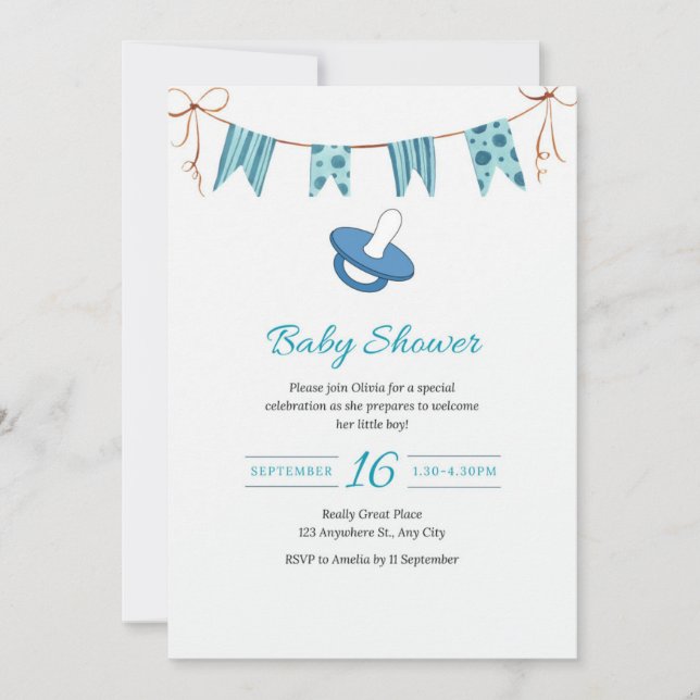Invitación simple de ducha azul bebé con dummy (Anverso)