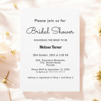 Invitación simple de ducha de novia blanca negra