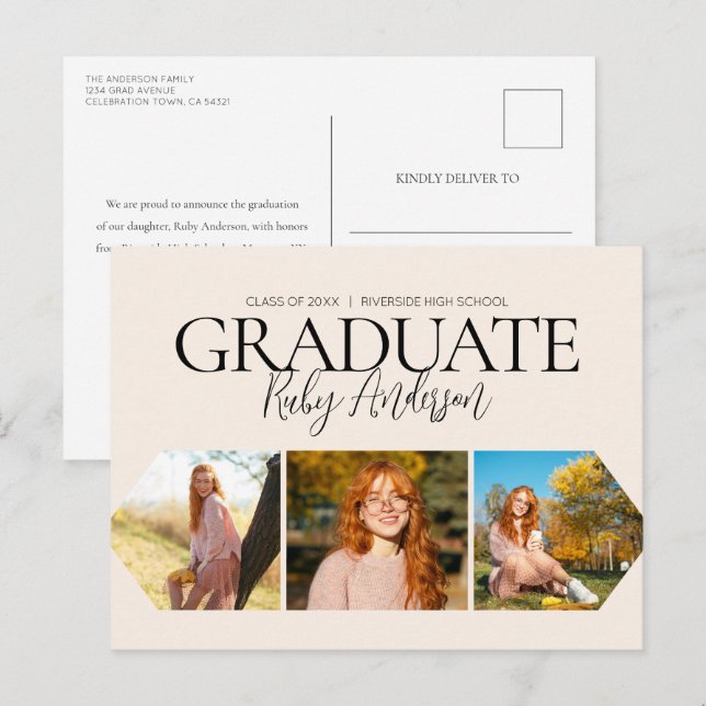 Invitación simple de graduación beige de 3 fotos (Anverso / Reverso)