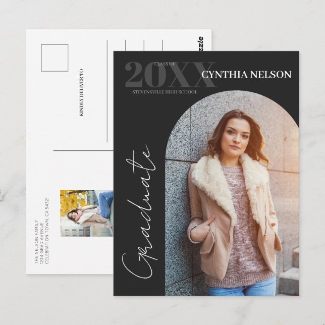 Invitación simple de graduación negra de foto arca (Anverso / Reverso)