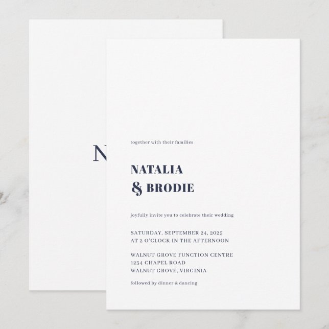 Invitación simple de la NAVY AZUL y la Boda Blanca (Anverso / Reverso)
