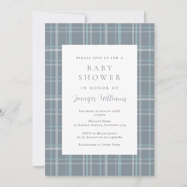 Invitación simple de Plaid azul para baby shower d (Anverso)