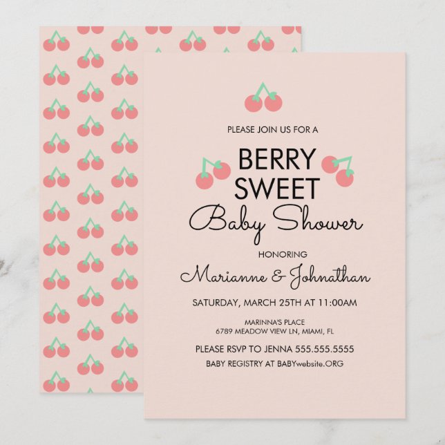 Invitación simple de shower de bebé con cerezas ro (Anverso / Reverso)