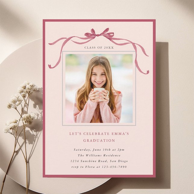Invitación Simple Deep Blush Bow Graduation Party Photo Pink (Subido por el creador)