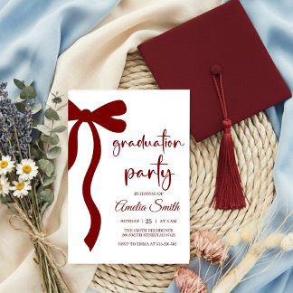 Invitación Simple  Deep Red Bow graduation party invitation