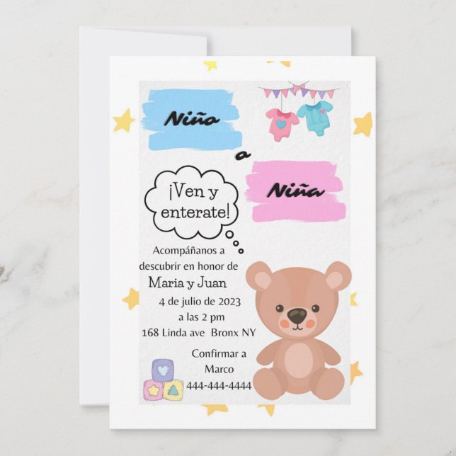 Invitación simple del oso para revelación de géner (Anverso)