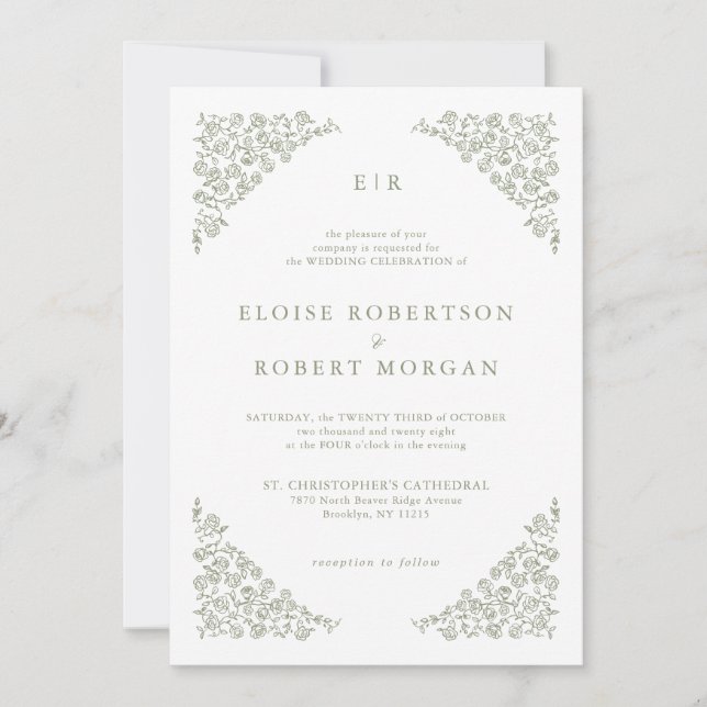 Invitación Simple Delicado código QR floral Sage Green Boda (Anverso)