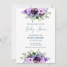 Invitación simple ducha de bebé con flores moradas y verdes