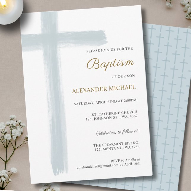 Invitación Simple Dusty Blue Cross Boy Baptism (Subido por el creador)