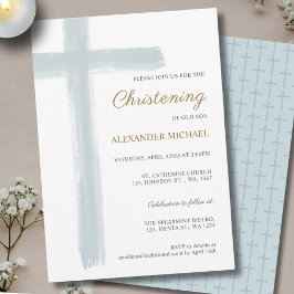 Invitación Simple Dusty Blue Cross Boy Christening Baptism