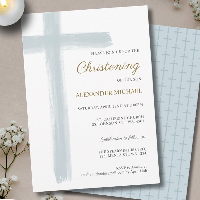 Invitación Simple Dusty Blue Cross Boy Christening Baptism (Subido por el creador)