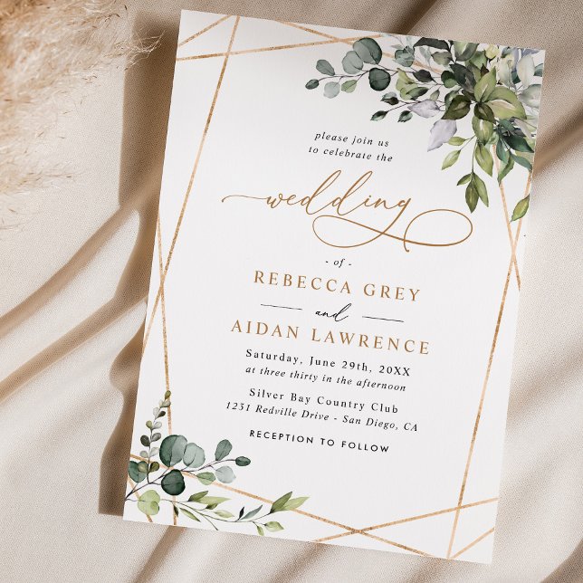 Invitación Simple Dusty Blue Eucalyptus Greenery Gold Boda (Subido por el creador)