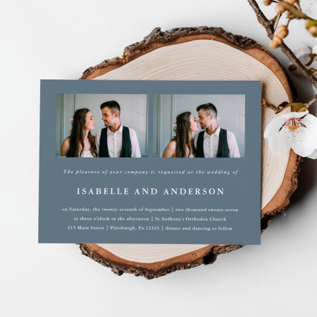 Invitación Simple Dusty Blue Two Photo Boda (Subido por el creador)