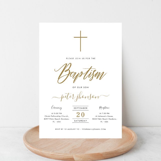 Invitación Simple elegancia caligrafía bautismo niño oro rúst (Subido por el creador)
