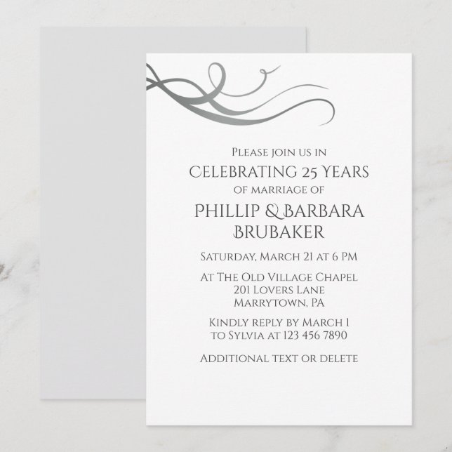Invitación Simple Elegant 25th Wedding Anniversary Party  (Anverso / Reverso)