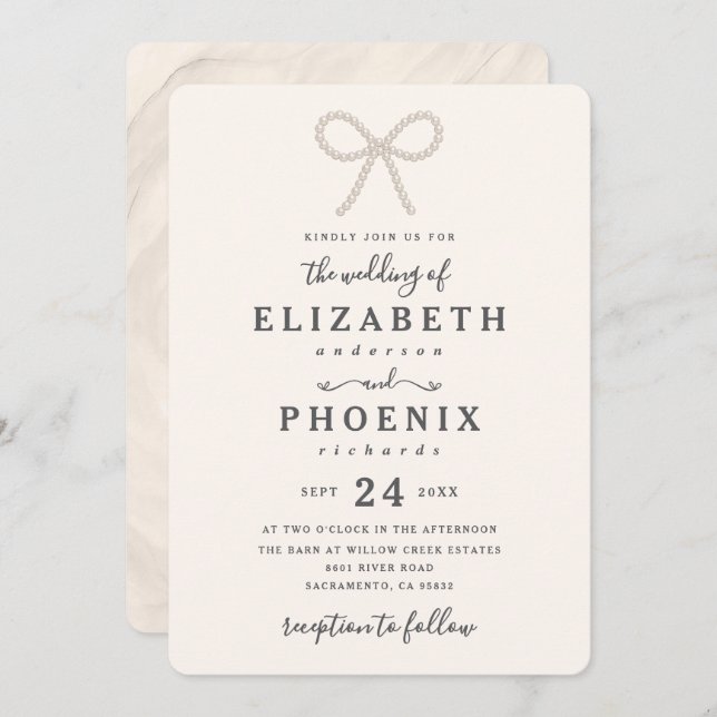 Invitación Simple Elegant Antique Pearl Pearl Bow Wedding (Anverso / Reverso)