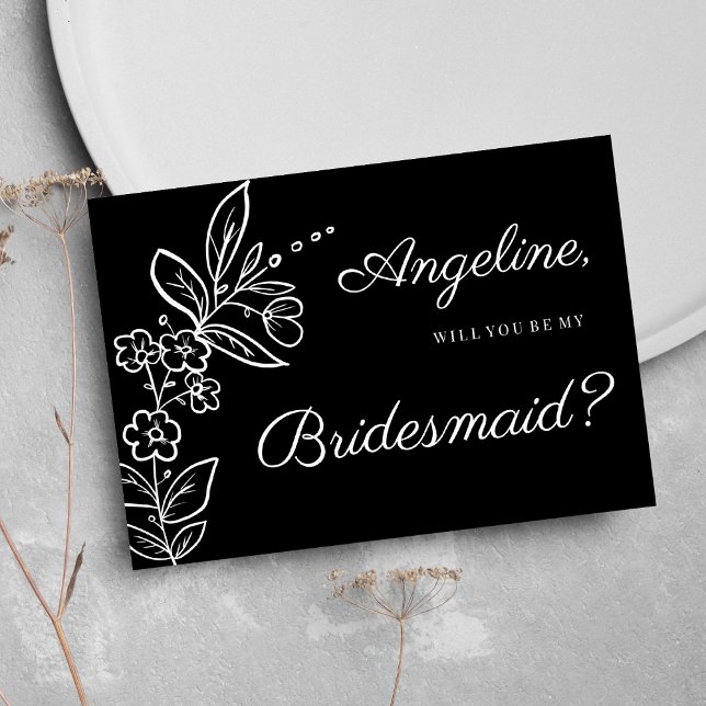 Invitación Simple elegant black white floral Bridesmaid (Simple elegant black white floral Bridesmaid )