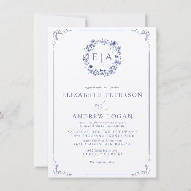 Invitación Simple Elegant  Calligraphy  Floral Wreath Wedding (Anverso)