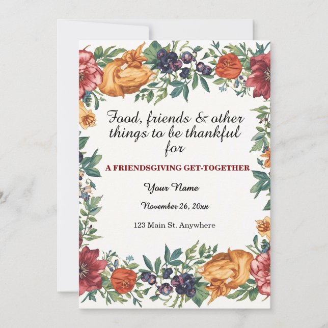 Invitación Simple Elegant Floral Friendsgiving  (Anverso)